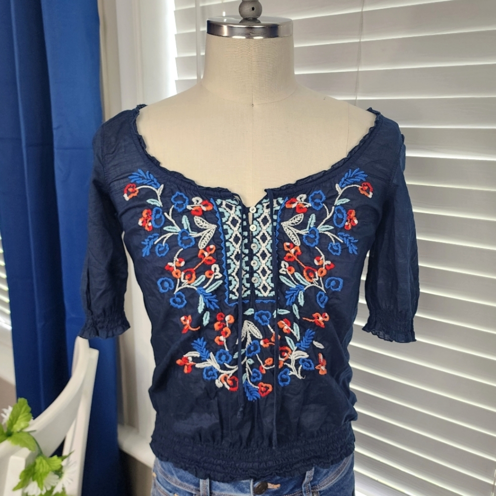 Hollister Blue Floral Shirt Embroidered Flowers Sz Small
